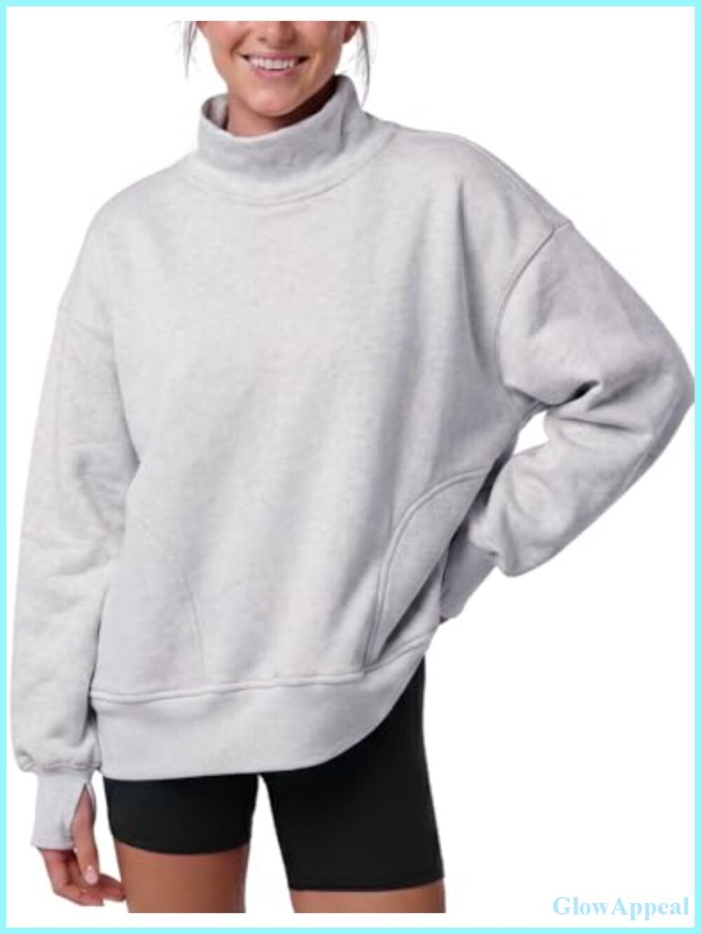 Oversized Mock Neck Sweatshirt Fleece Lined Pullover Thumbholes Pockets